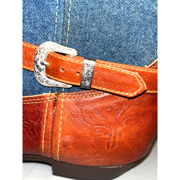 Frye Cowboy Boots Denim Brown Leather Silver Buckles Vintage Sz 8 RARE Deadstock - Picture 10 of 13